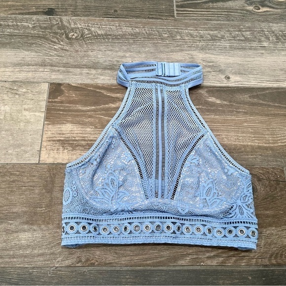 Victoria Secret VS High Neck Halter Bralette baby blue & nude Mesh Lace XS - Picture 1 of 6